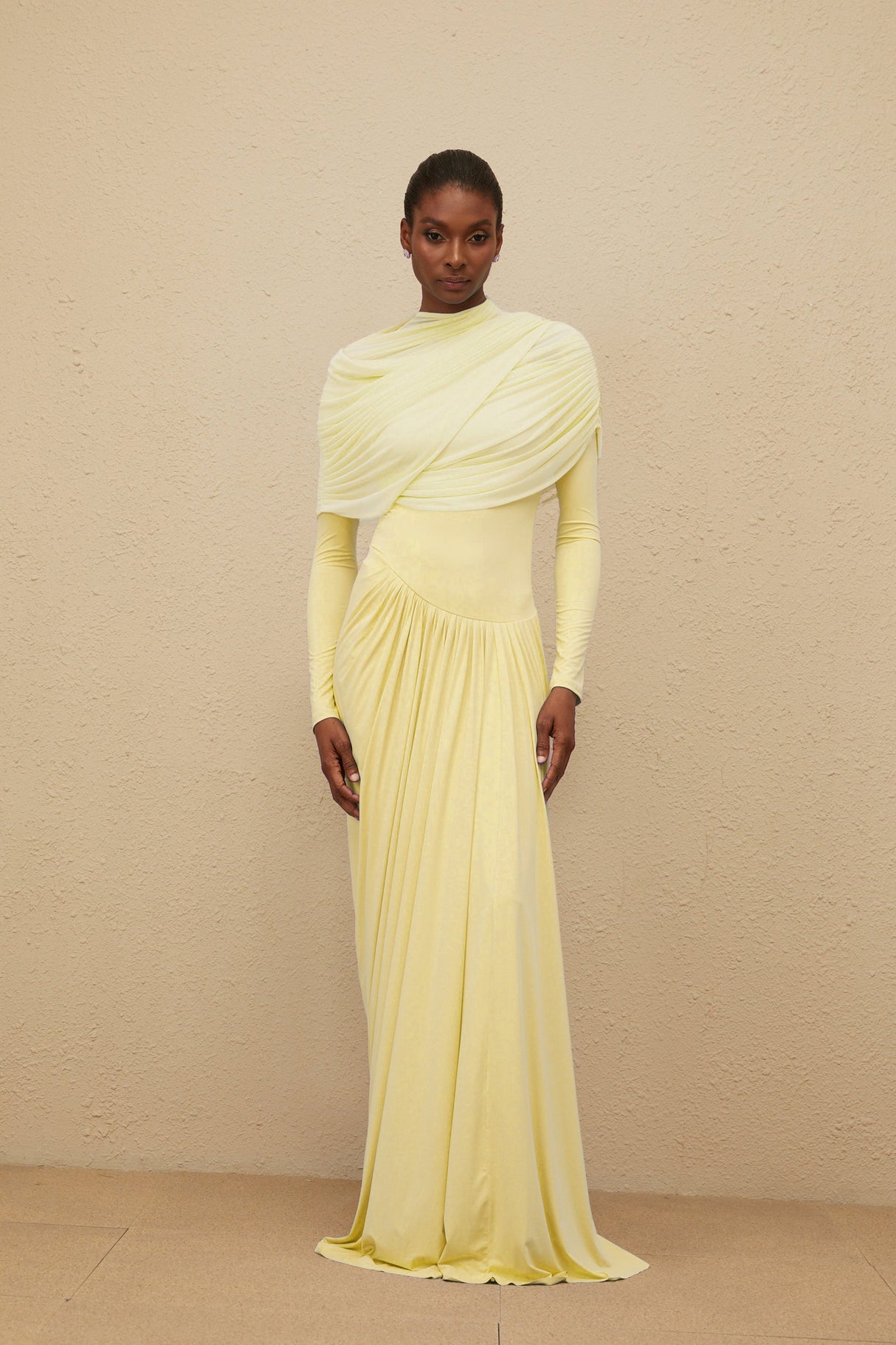 Aurohaya Catherine Yellow Asymmetrical Pleated Long-Sleeve Maxi Dress