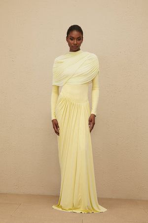 Aurohaya Catherine Yellow Asymmetrical Pleated Long-Sleeve Maxi Dress