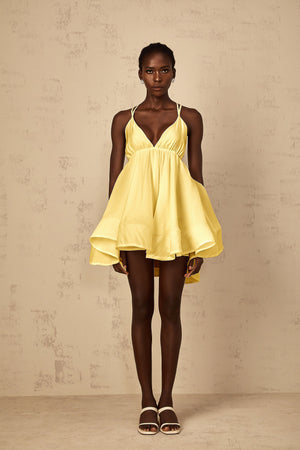 Aurohaya Quincie Yellow Shirred Flounced Mini Dress