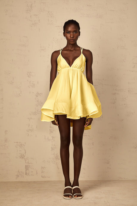 Aurohaya Quincie Yellow Shirred Flounced Mini Dress