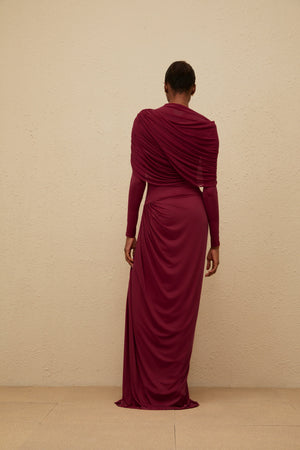 Aurohaya Catherine Red Asymmetrical Pleated Long-Sleeve Maxi Dress