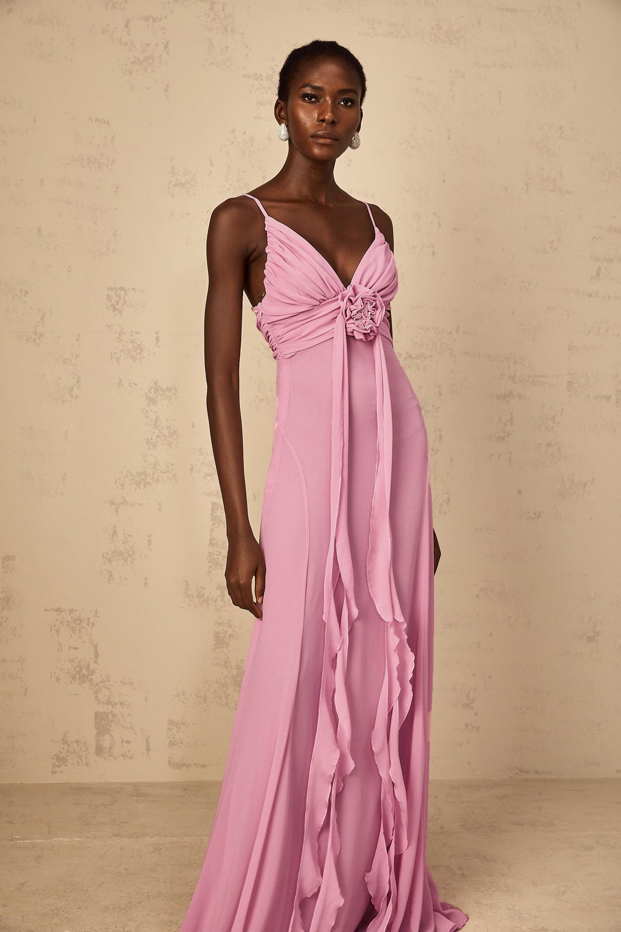 Aurohaya Ysandre Rose-Pink 3D Petal Tulle Maxi Dress