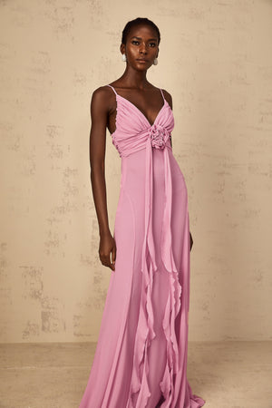 Aurohaya Ysandre Rose-Pink 3D Petal Tulle Maxi Dress