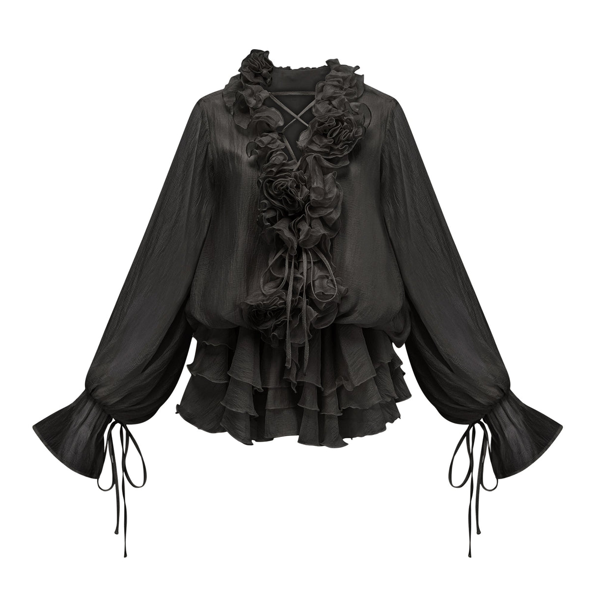 Aurohaya Zéphyrine floral-appliqué tiered mini dress in Black