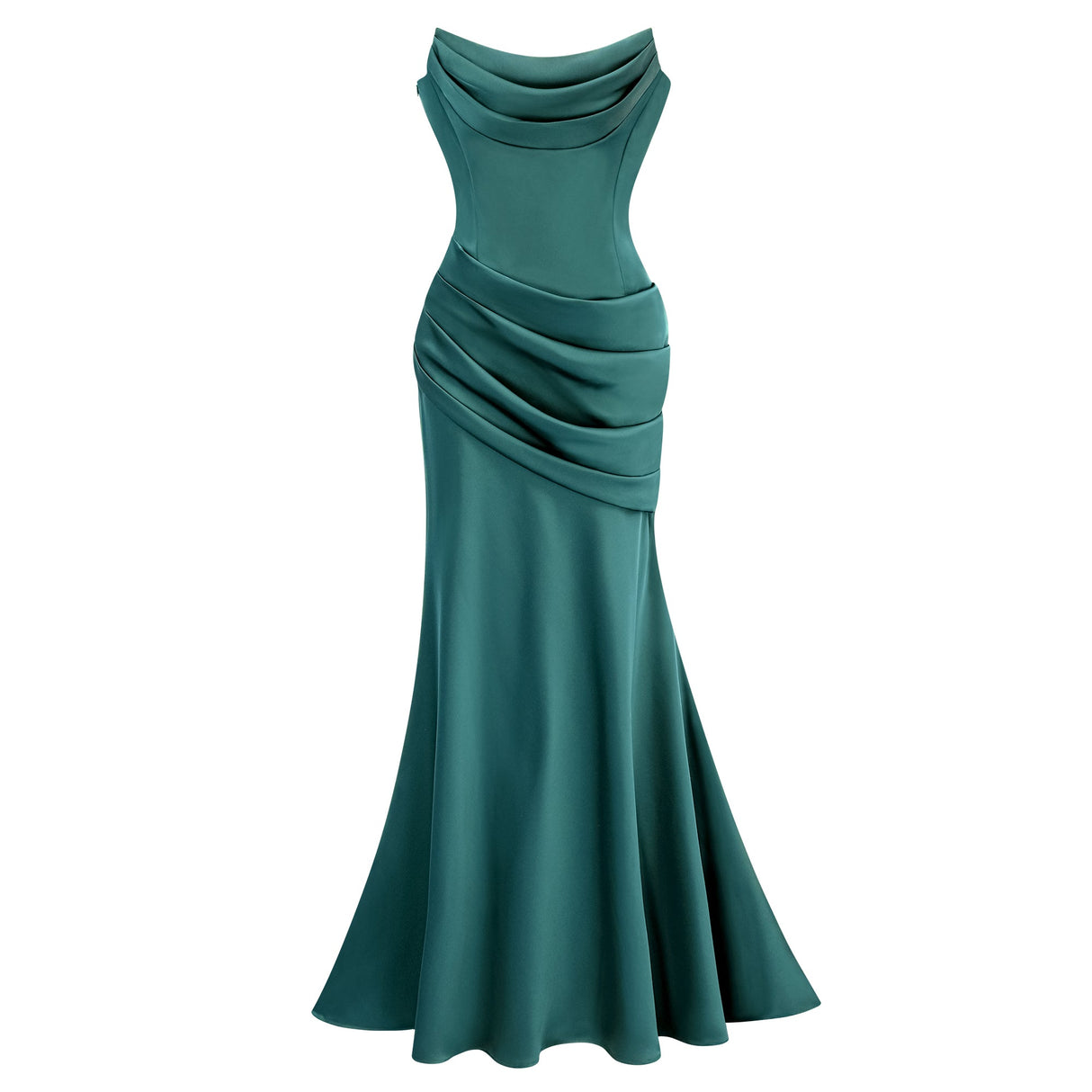 Aurohaya Marilou Green Ruched Satin Maxi Dress