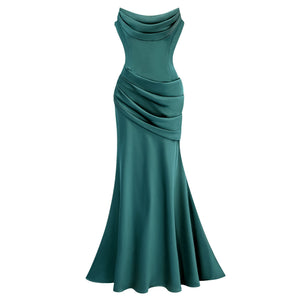 Aurohaya Marilou Green Ruched Satin Maxi Dress