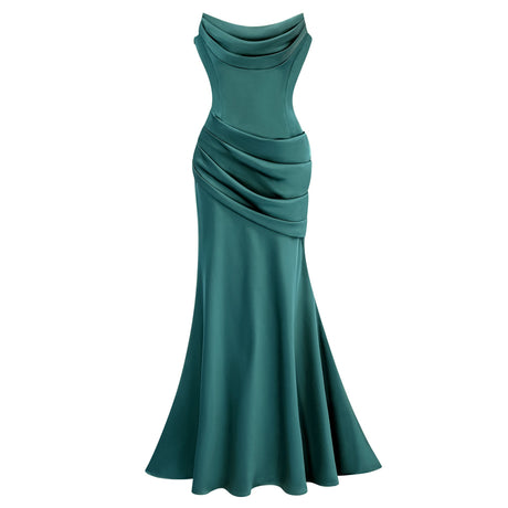 Aurohaya Marilou Green Ruched Satin Maxi Dress