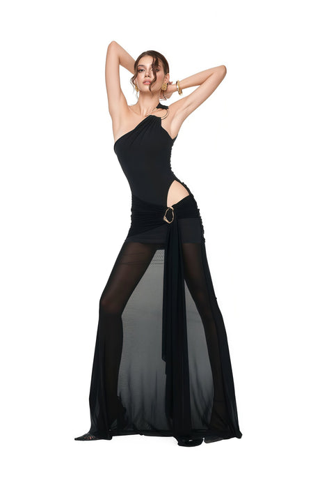 Aurohaya Tiziana Black One Shoulder Cut Out Maxi Dress