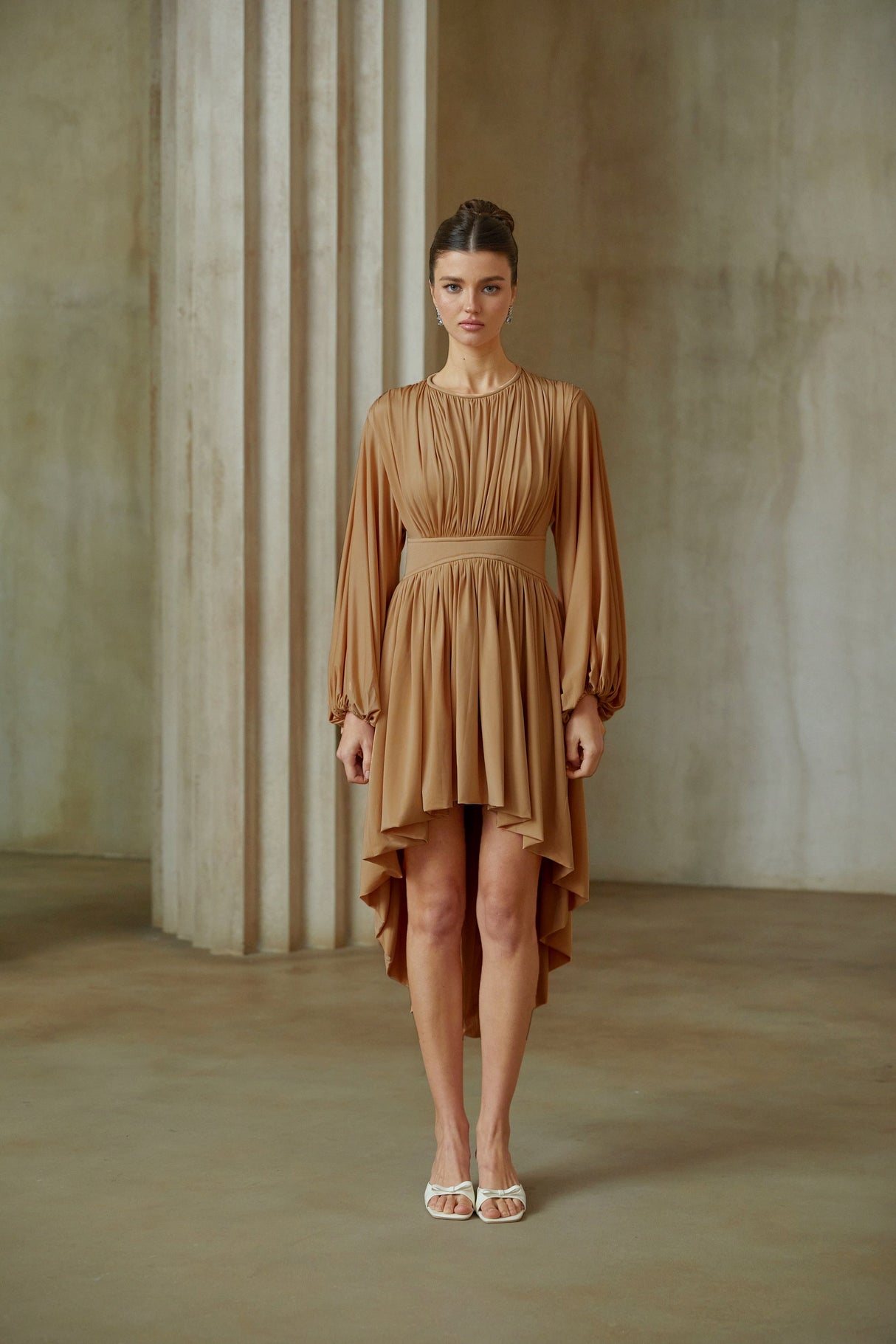 Aurohaya Kenza Pink Asymmetrical Pleated Midi Dress