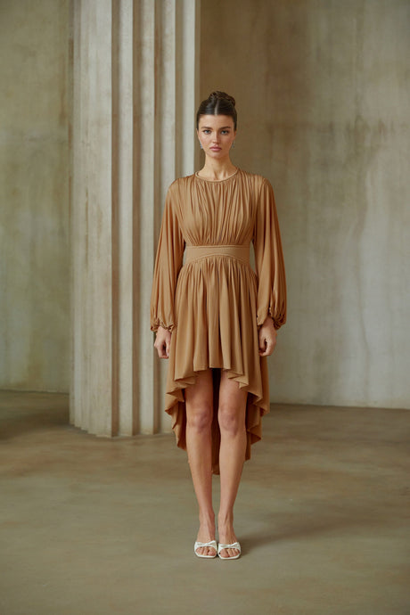 Aurohaya Kenza Pink Asymmetrical Pleated Midi Dress