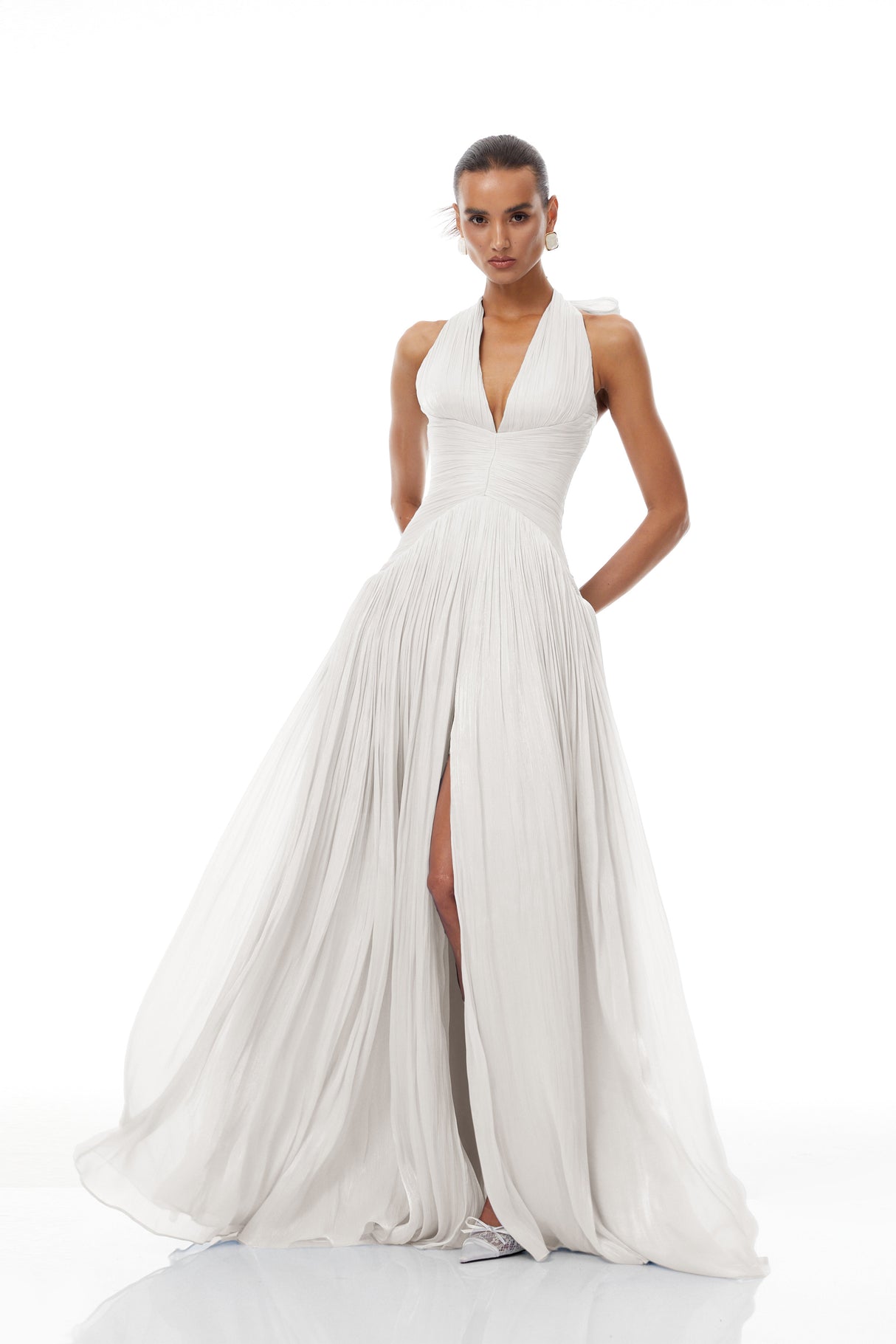 Aurohaya Térébenthine White Glossy Gathered Maxi Dress