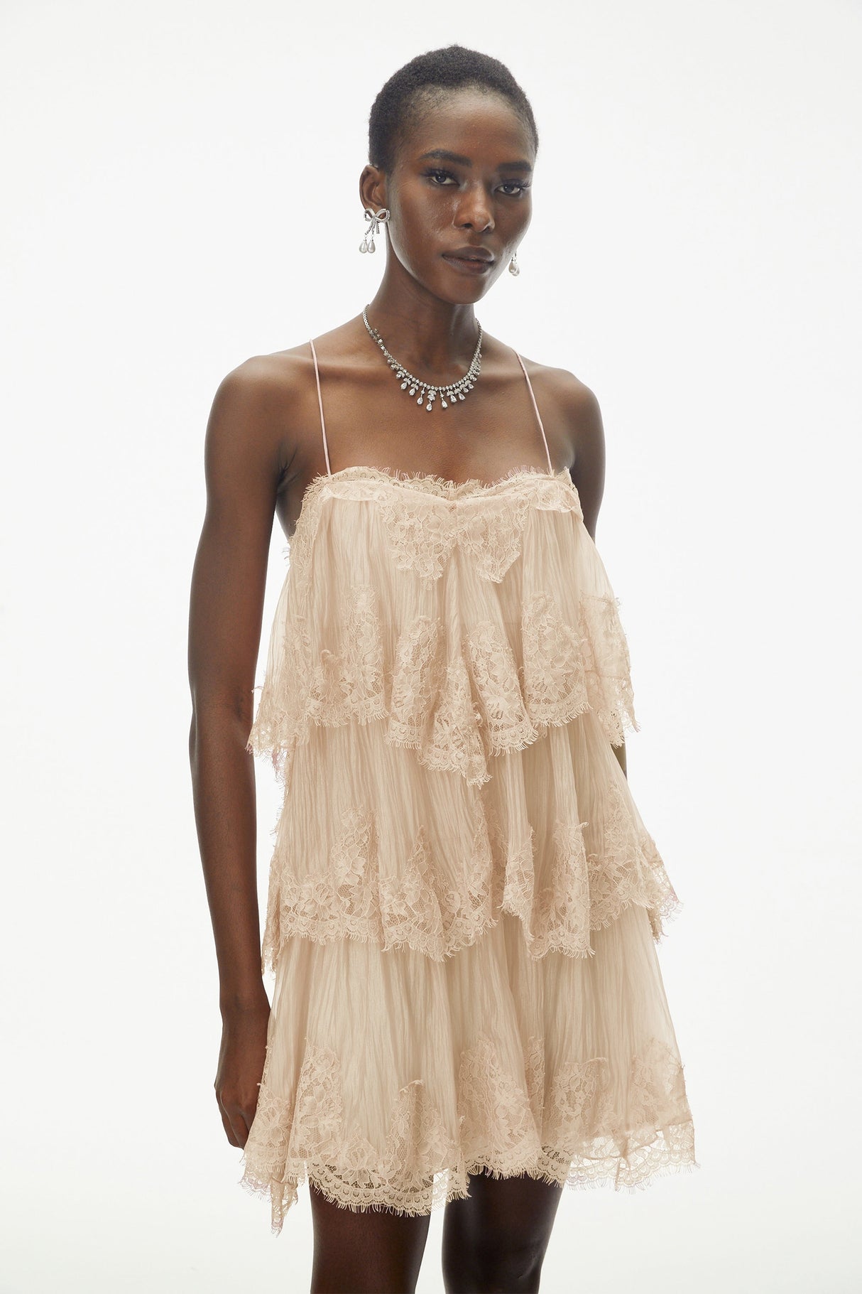 Aurohaya Rachel Beige Tiered Mini Dress with Lace Trim