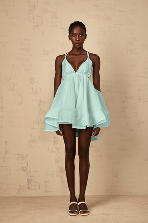 Aurohaya Quincie Green Shirred Flounced Mini Dress