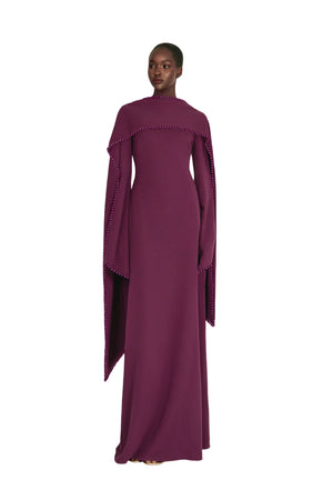 Aurohaya Piroska Purple Pearl Trim Shawl Detail Maxi Dress