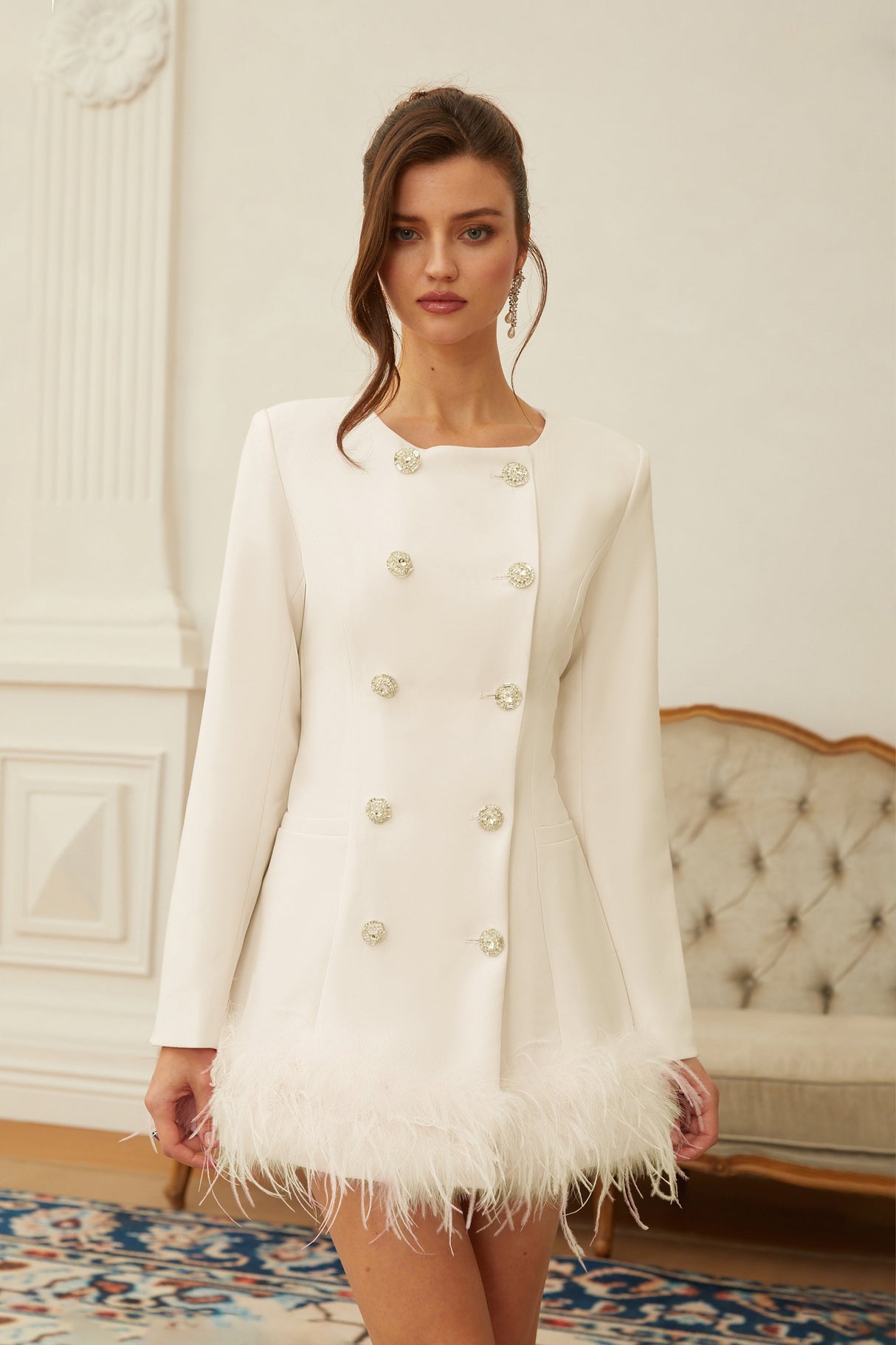 Aurohaya Freja White Feather Trim Mini Blazer Dress