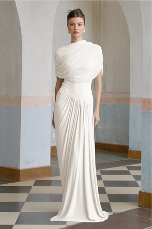 Aurohaya Catherine White Asymmetrical Pleated Maxi Dress