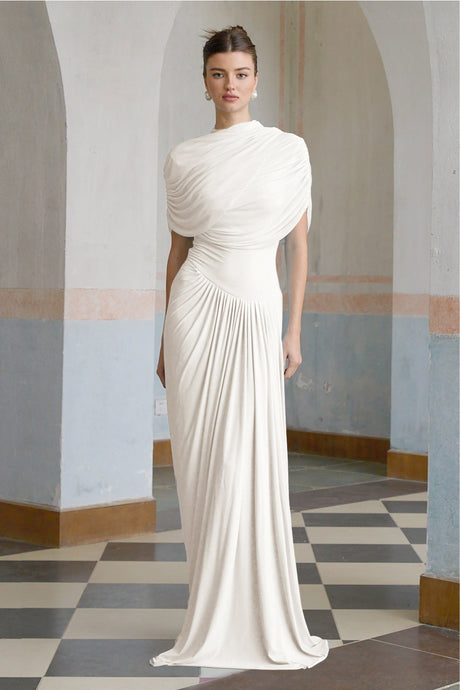 Aurohaya Catherine White Asymmetrical Pleated Maxi Dress