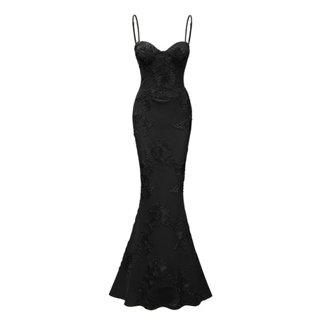 Aurohaya Théoline Black Floral Appliqué Corset Maxi Dress