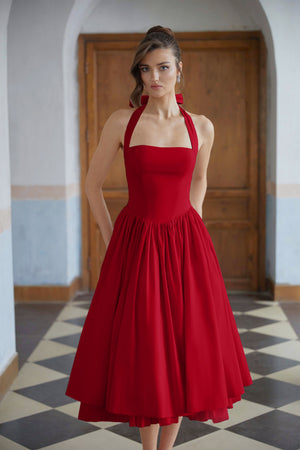 Aurohaya Eponine Red Layered Flared Hem Midi Dress