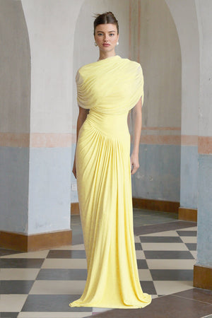 Aurohaya Catherine asymmetrical pleated maxi dress in Yellow