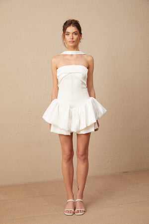 Aurohaya Aurélie white halterneck ruffled mini dress