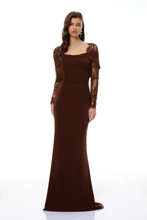 Aurohaya Georgiana Brown Lace Panel Flared Maxi Gown