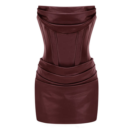 Aurohaya Agnes Brown Ruched Leather Bodycon Mini Dress