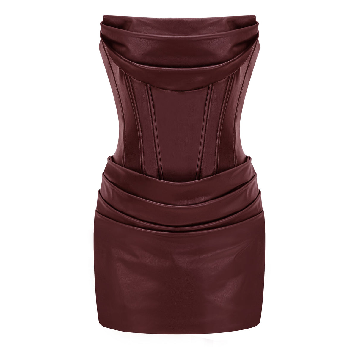 Aurohaya Agnes Brown Ruched Leather Bodycon Mini Dress