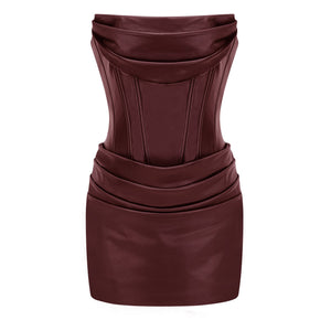 Aurohaya Agnes Brown Ruched Leather Bodycon Mini Dress
