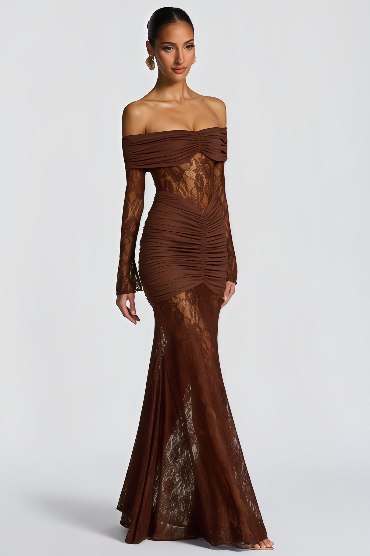 Aurohaya Brigitte Brown Lace Panel Ruched Maxi Dress
