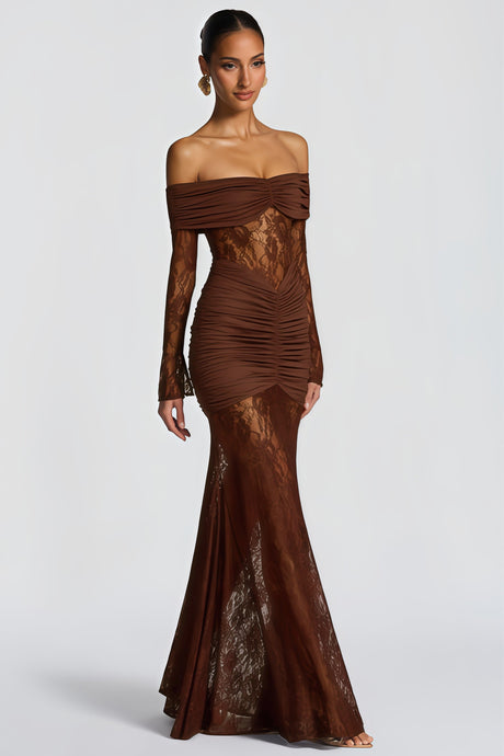Aurohaya Brigitte Brown Lace Panel Ruched Maxi Dress