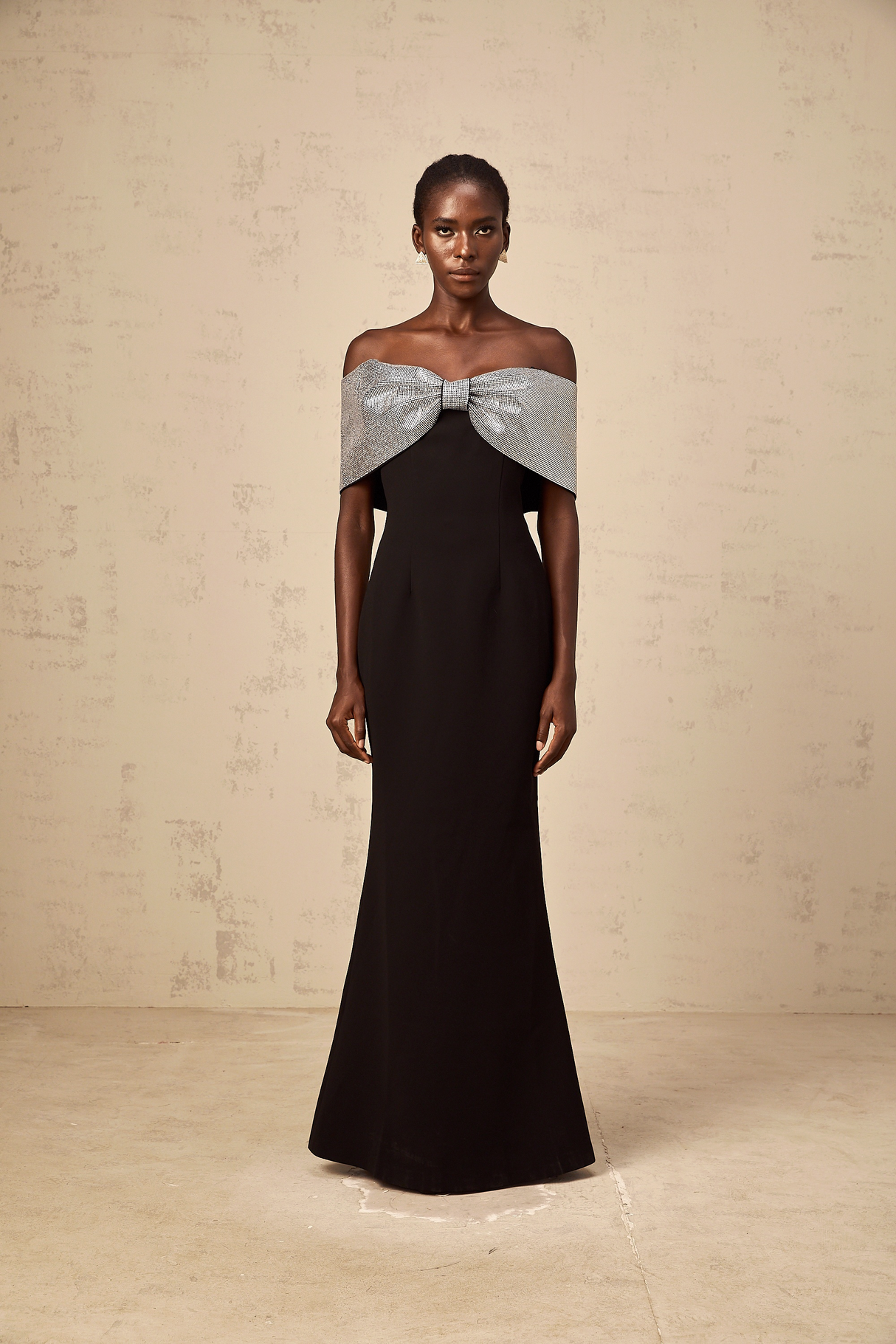 Aurohaya Chloé black rhinestone-bow off-shoulder maxi dress