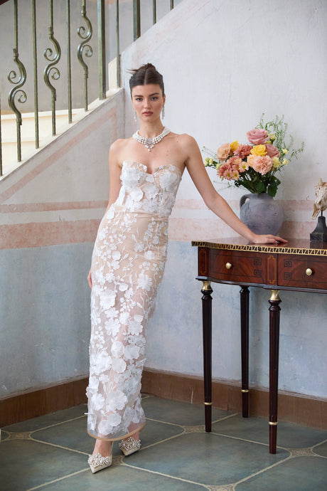 Aurohaya Brigitte White Floral Appliqué Corset Maxi Dress