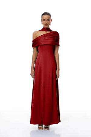 Aurohaya Benedetta Red One Shoulder Satin Maxi Dress
