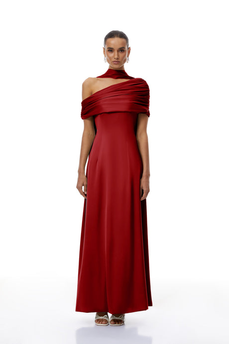 Aurohaya Benedetta Red One Shoulder Satin Maxi Dress