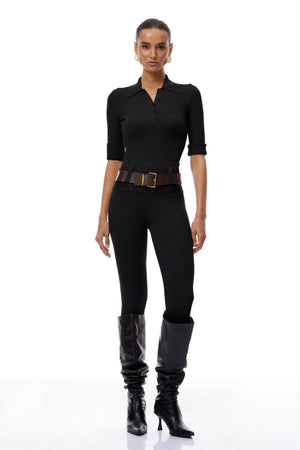 Aurohaya Claire Black Ribbed Knit Bodysuit & Trousers Set