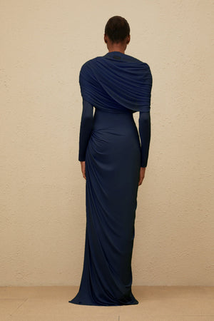 Aurohaya Catherine Navy-Blue Asymmetrical Pleated Long-Sleeve Maxi Dress