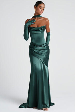 Aurohaya Marilou Green Ruched Satin Maxi Dress