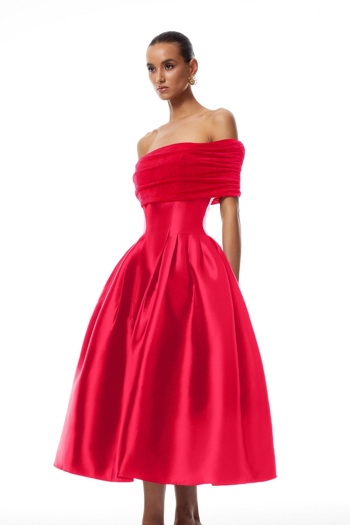 Aurohaya Ainara Red Off Shoulder Polished Midi Dress