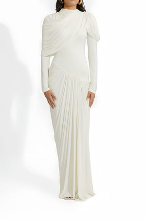 Aurohaya Bronwyn White Draped Pleated Asymmetrical Maxi Dress