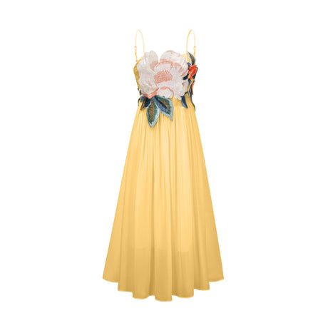 Aurohaya Josette floral-embroidered shirred maxi dress in Yellow