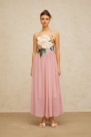 Aurohaya Josette floral-embroidered shirred maxi dress in Pink