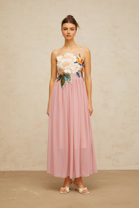 Aurohaya Josette floral-embroidered shirred maxi dress in Pink