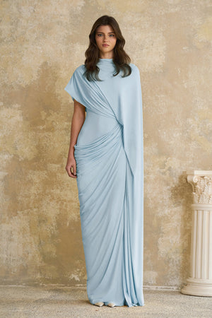 Aurohaya Fenella Blue Asymmetrical Draped Cape & Dress Matching Set