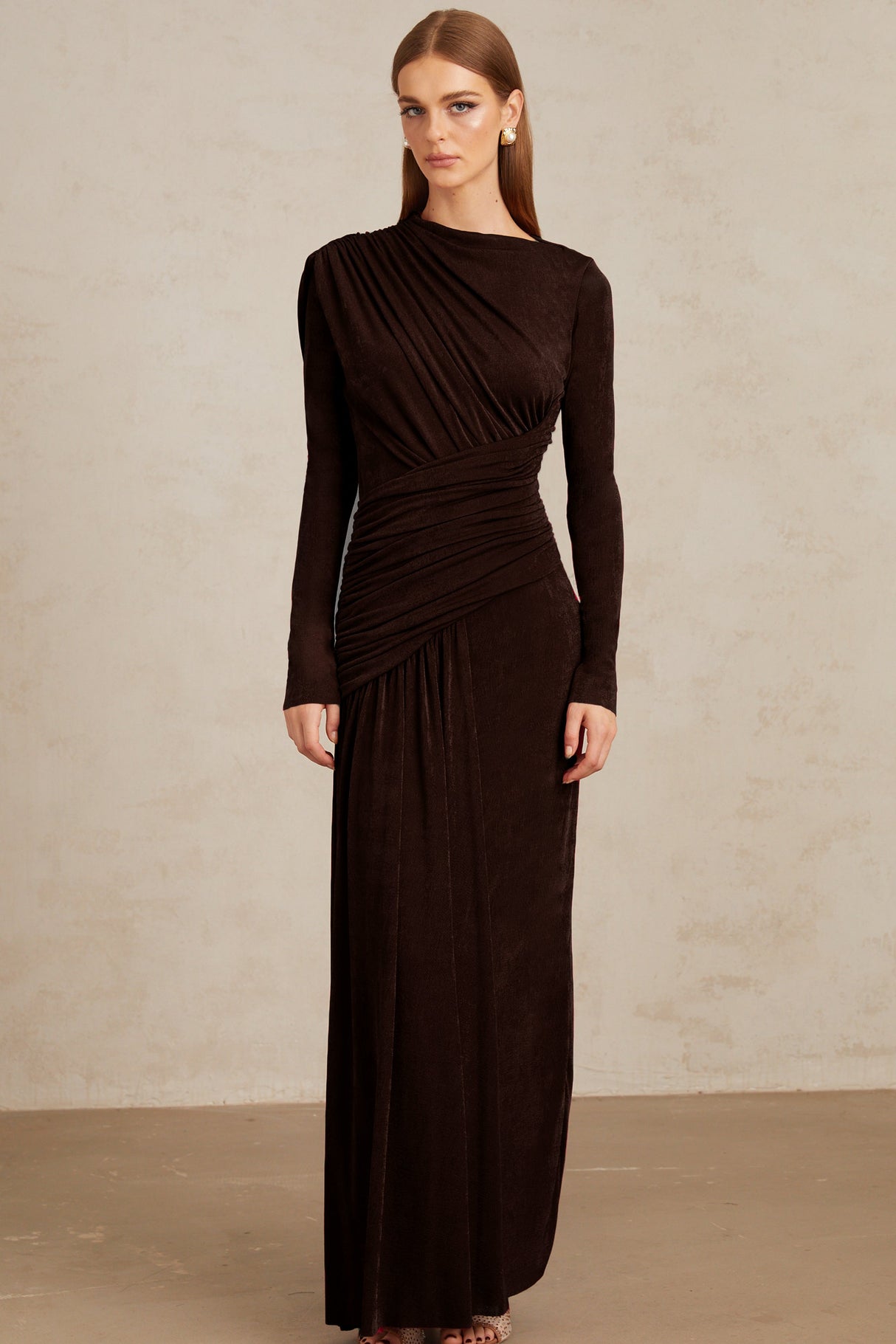 Aurohaya Charme Brown Ruched Maxi Dress