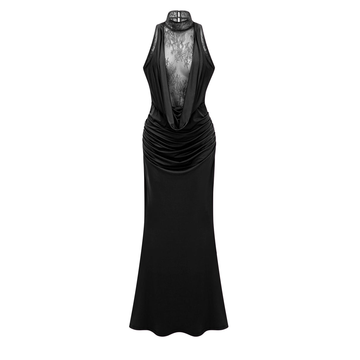 Aurohaya Borbála Black Lace Bodice Ruched Maxi Dress