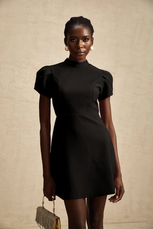 Aurohaya Anna Black Petal-Sleeve Cut-Out Bow Mini Dress