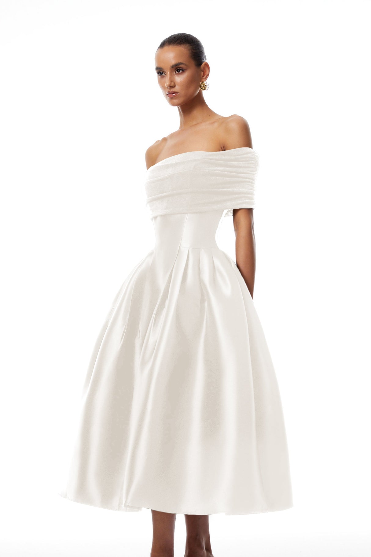Aurohaya Ainara White Off Shoulder Polished Midi Dress
