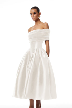 Aurohaya Ainara White Off Shoulder Polished Midi Dress