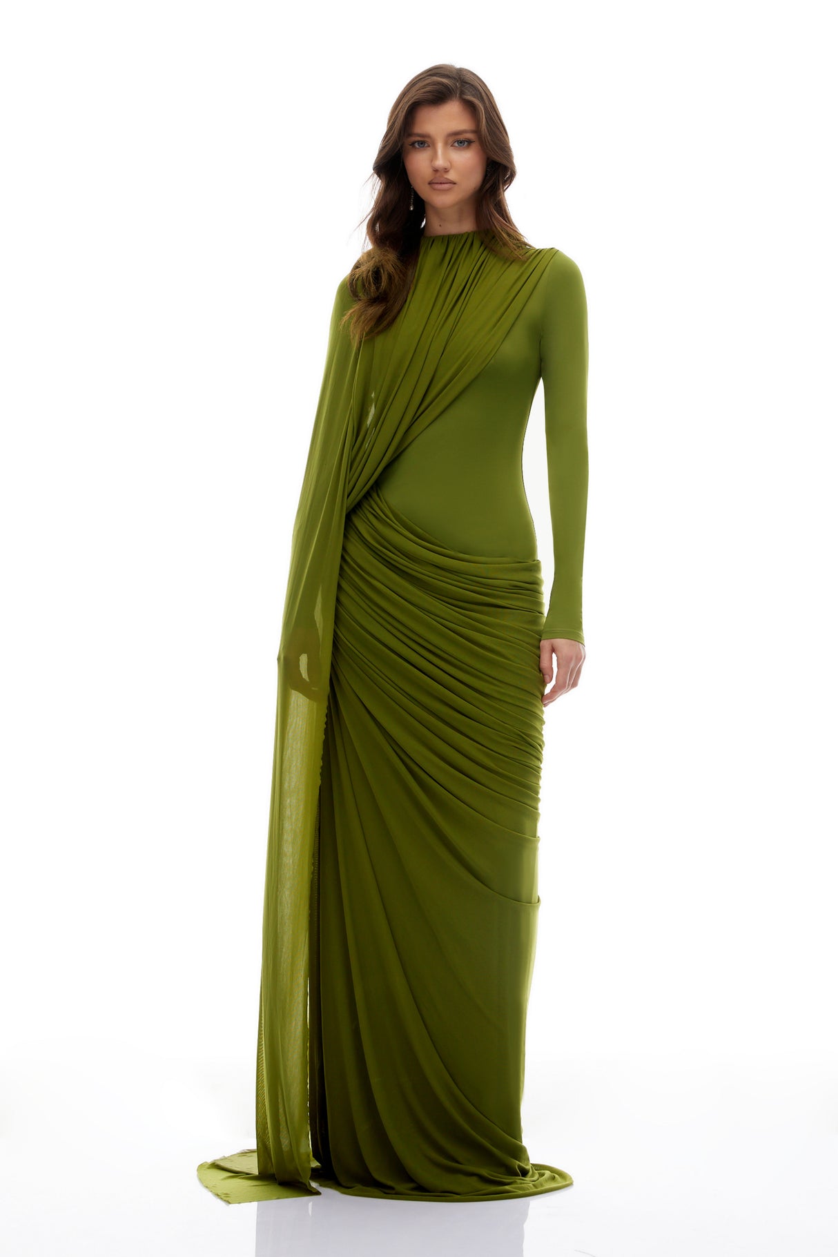 Aurohaya Emilia Green Asymmetrical Ribbon Draped Maxi Dress